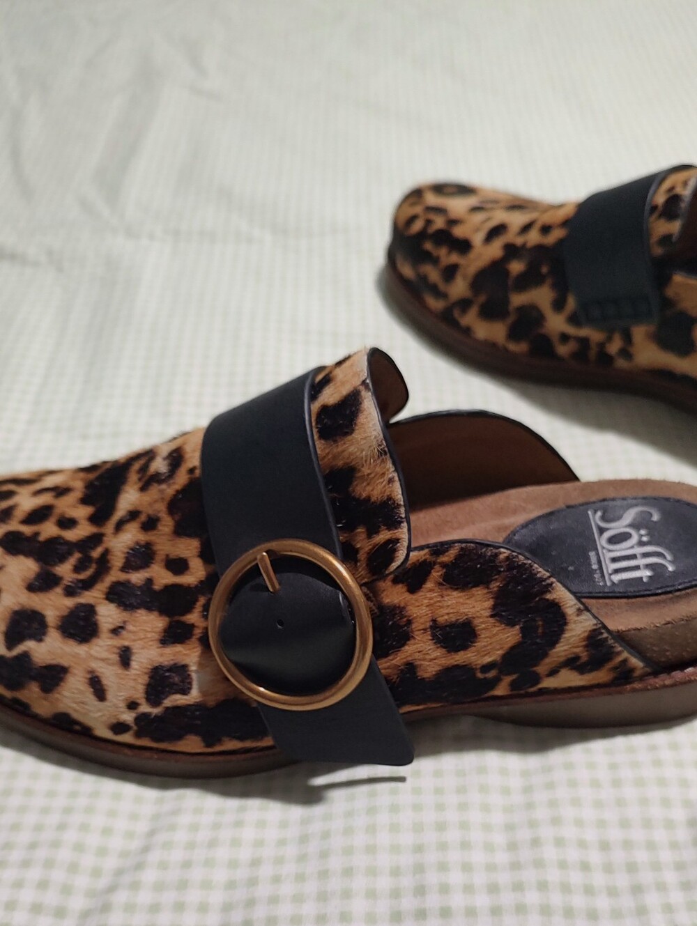 Sofft Leopard-Print Mules with Black Strap and Gold Buckle